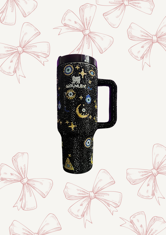 Glass Rhinestone Black Evil Eye Stanley Quencher Metal Tumbler Coffee Cup Water Double Vacuum Flask Hot Ice 40oz